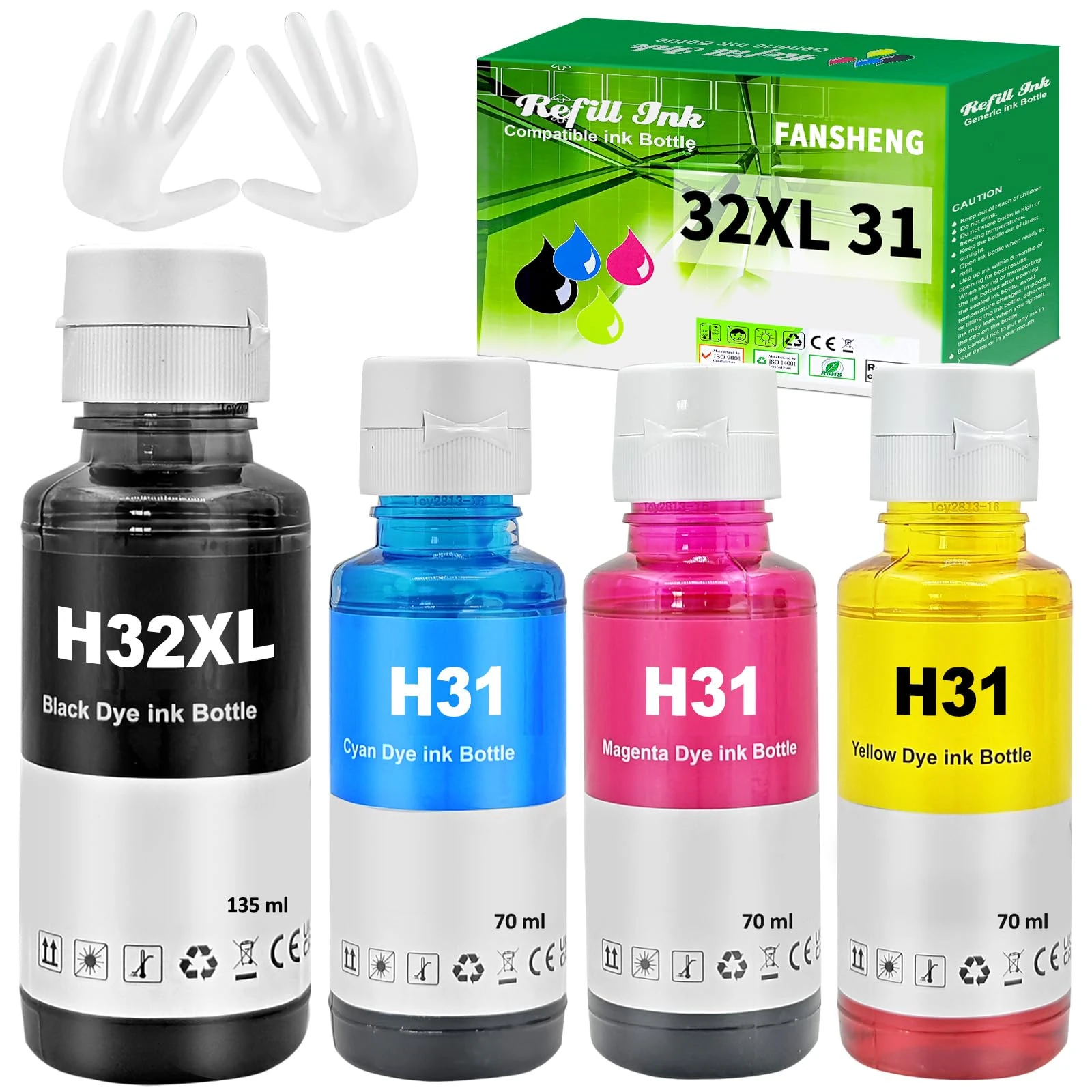 FANSHENG 31 32XL Ink Compatible with HP 31 32XL ink refill bottles for Smart Tank 7605 7005 5105 7305 455 570 555 655 559 315 319 519 7605 7306 7006 (4 Pack Black/Cyan/Magenta/Yellow)