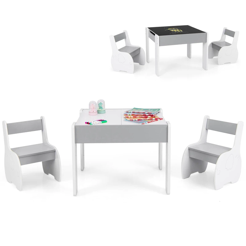 GYMAX Kids Table and Chair Set, Children Activity Desk with 2 Chairs, Reversible Blackboard Tabletop and Hidden Storage Space, 3 Pieces Wooden Toddler Furniture Set for Boys Girls (Grey+White)