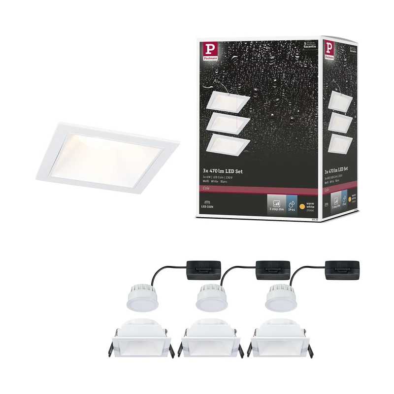 Paulmann 93126 LED recessed luminaire 3-Step dimming Cole IP44 Rectangular 88x88mm Coin 3x6W 3x470lm 230V 2700K White