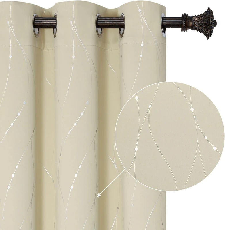 BUHUA Blackout Curtains Silver Foil Print Wave Lines and Dots Grommet Drapes, Room Darkening Thermal Insulated Curtains, Noise Reducing Curtain for Bedroom, Beige, 66Wx72L, 2 Panels