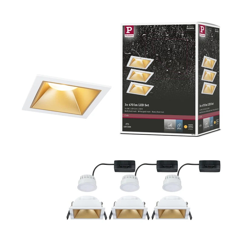 Paulmann 93130 LED recessed luminaire 3-Step dimming Cole IP44 Rectangular 88x88mm Coin 3x6W 3x470lm 230V 2700K White, Gold matt