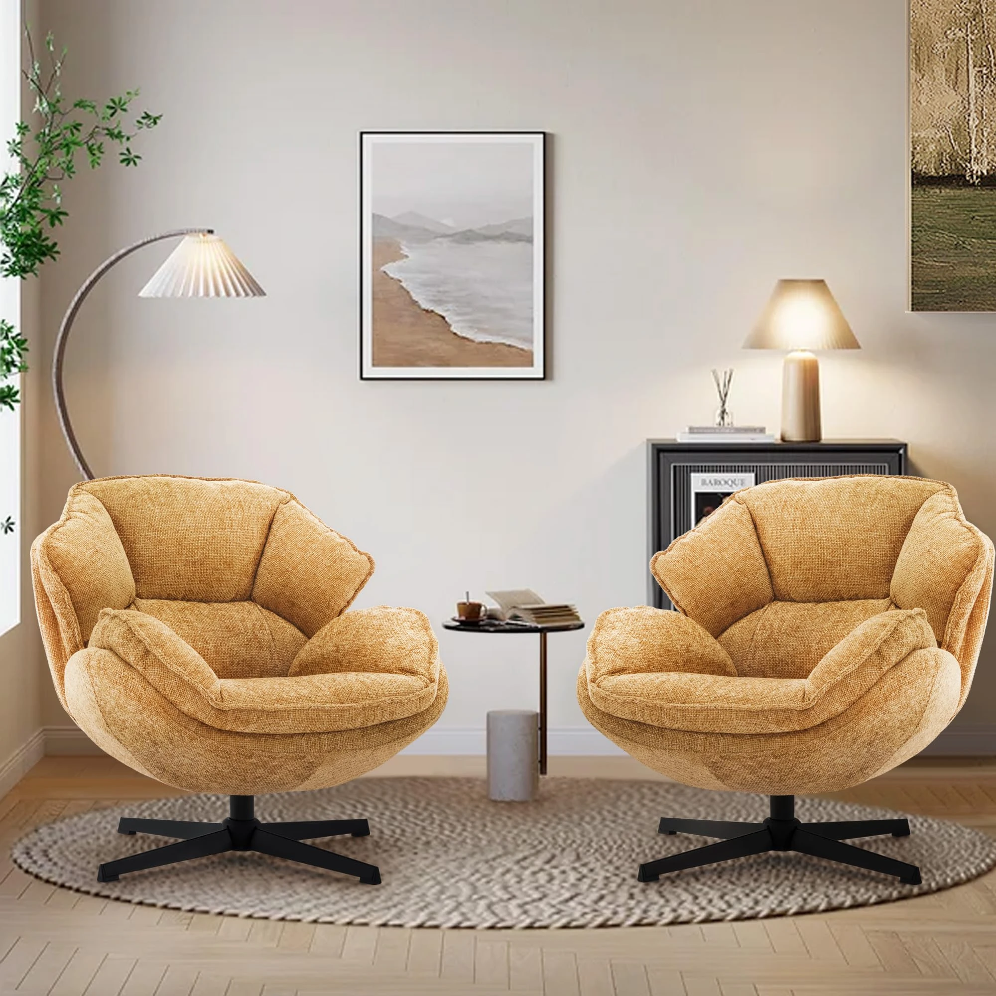 IWMH Accent Chair Set of 2, Swivel Accent Chair for Living Room,Upholstered Armchair with Metal Legs, Swivel Sofa Chair, Wide Leisure Chair (Yellow*2)