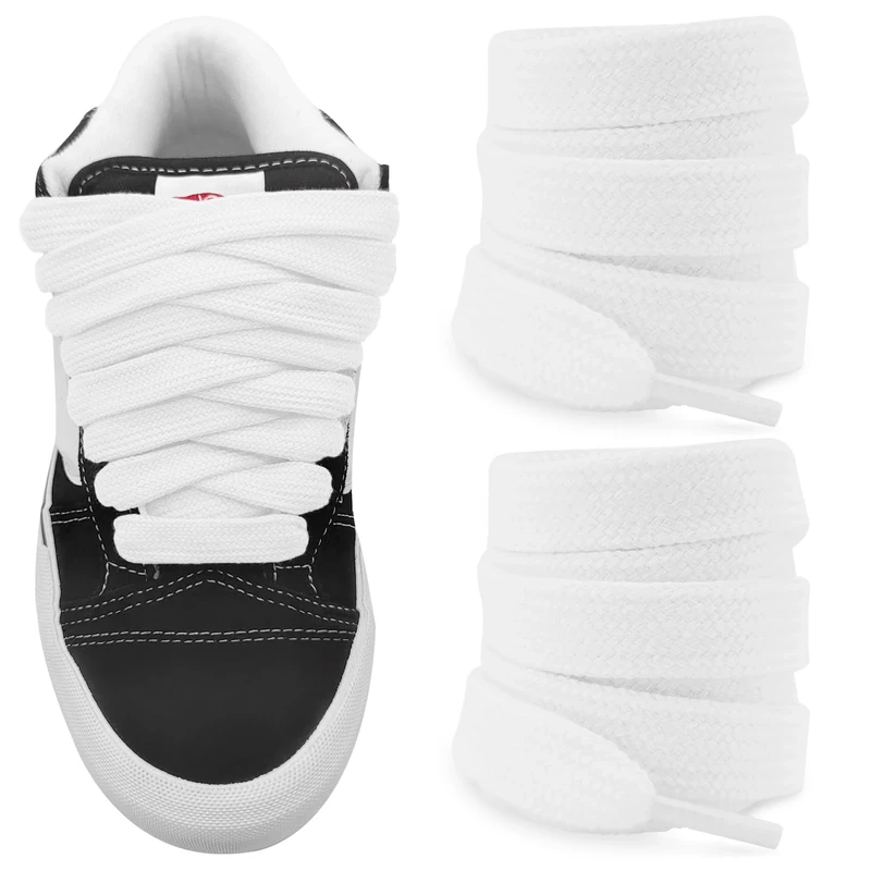 NDTEZUGT 15mm Wide Fat Chunky Laces for Vans Knu Skool Classic Skate Sneaker, Soft Cotton Fabric Big Thick Trainer Shoelaces (White, 54"/140cm)