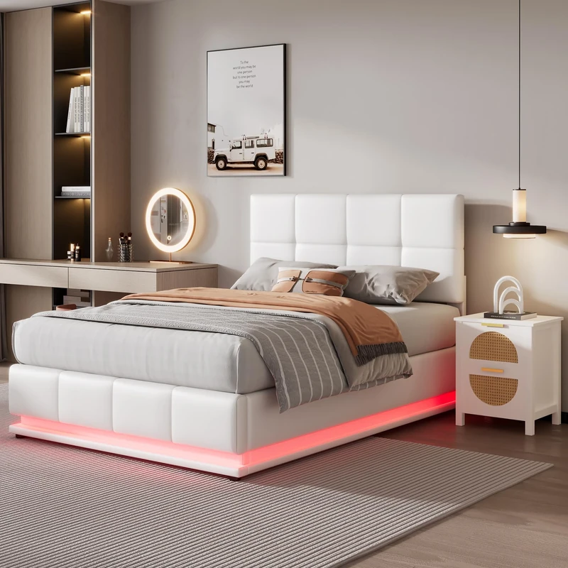 Merax Upholstered Bed Frame with Hydraulic Lift, 4FT6 Double Bed Frame with Slatted Frame and Storage Space, Functional Ottoman Bed, 16 Colors LED Lighting, Elegant PU Finish, White, 135x190cm
