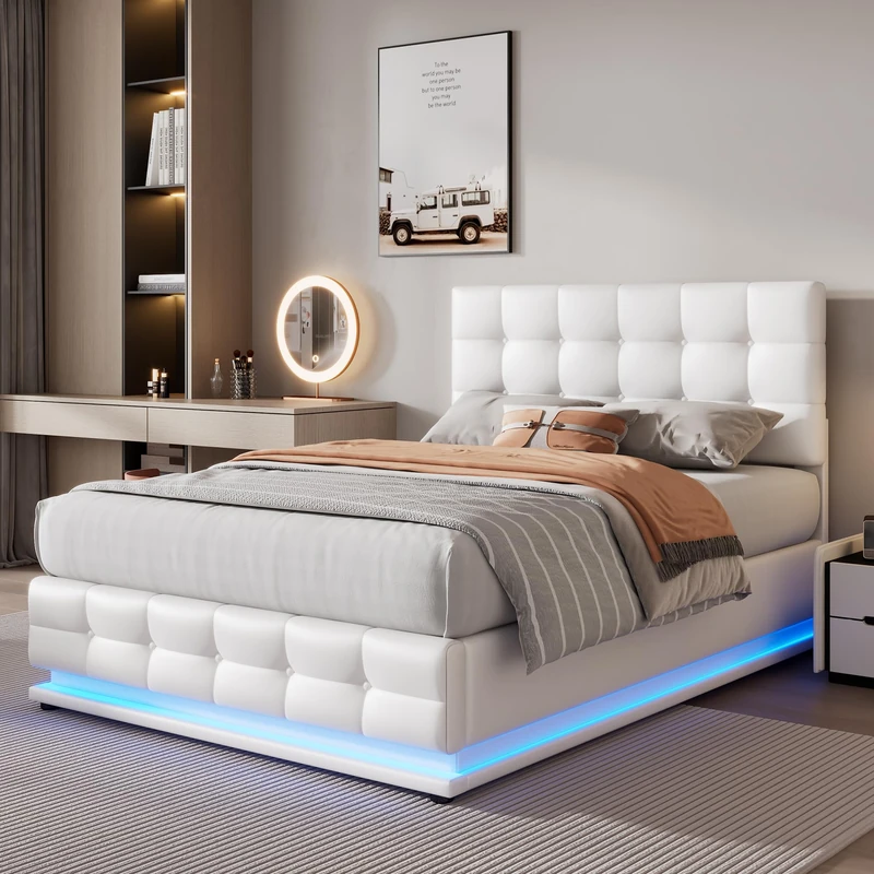 Merax Upholstered Bed Frame with Hydraulic Lift, 4FT6 Double Bed Frame with Slatted Frame and Storage Space, Functional Ottoman Bed, 16 Colors LED Lighting, Elegant PU Finish, White, 135x190cm