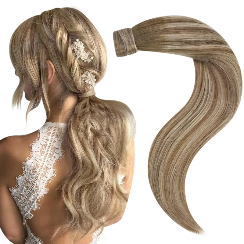 Easyouth Real Hair Ponytail Extension Balayage Human Hair Extensions Ponytail Brown to Medium Blonde Ombre Clip in Ponytail Hair Extensions Human Hair 16 Inch 80g