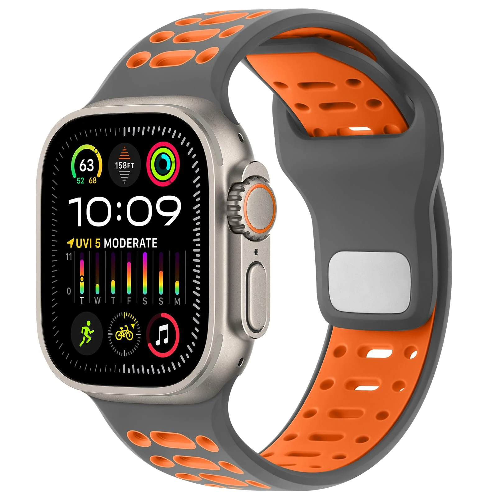 Amizee Sport Straps Compatible with Apple Watch Strap 49/46/45/44/42mm Men, Breathable Soft Silicone Replacement Strap for iWatch Ultra 3/2/1 Series 11 10 9 8 7 6 5 4 SE 3/2/1, Gray/Orange