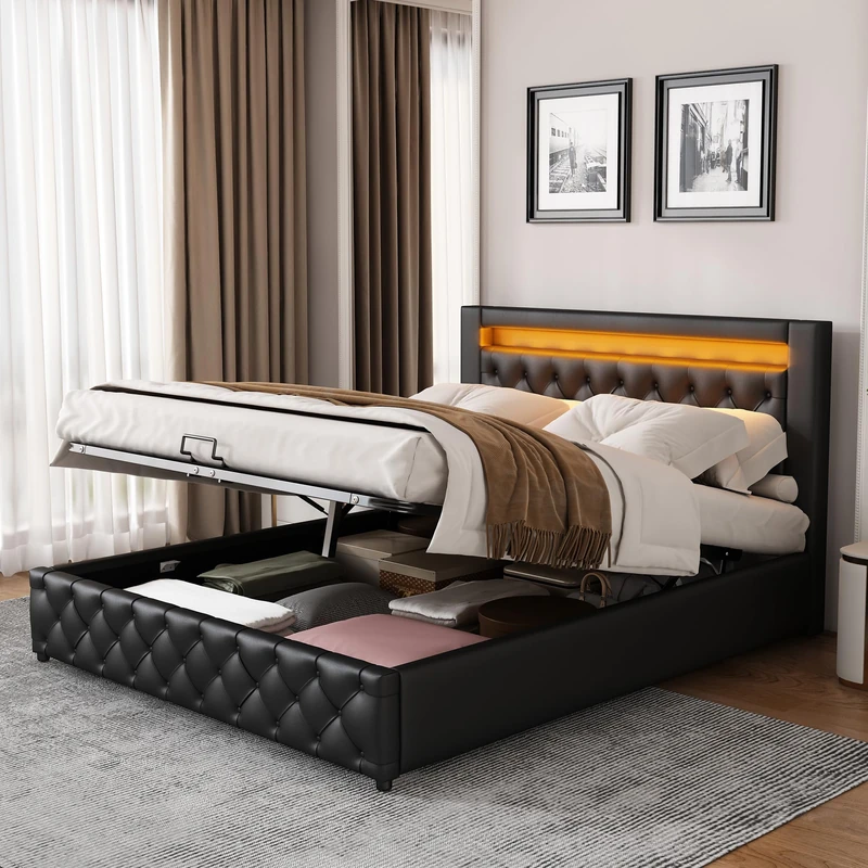Merax Upholstered Bed Frame with Hydraulic Lift, 4FT6 Double Bed Frame with Slatted Frame and Storage Space, Functional Ottoman Bed, 16 Colors LED Lighting, Elegant PU Finish, Black, 135x190cm