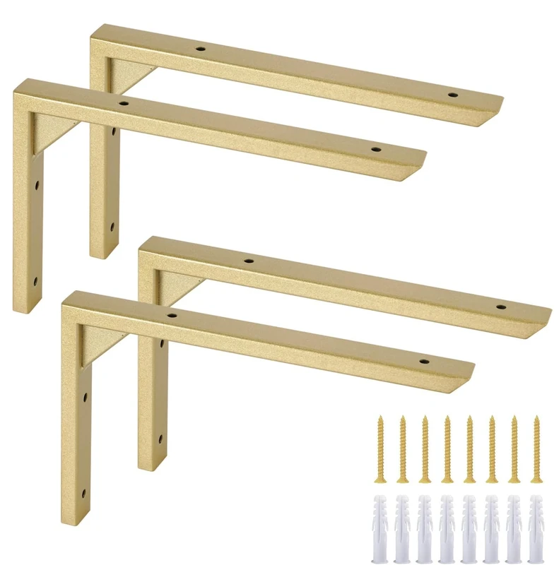Ouvin Heavy Duty Shelf Brackets 10 inch 4 Pack Wall Mount Gold Iron Brackets for Shelves Triangle Sturdy Supports with Screws for Kitchen Bookshelf (Gold)