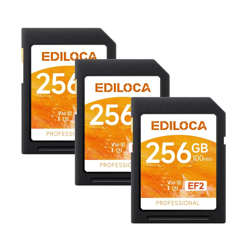 Ediloca SD Card 256GB, 3Pcs, Memory Card, Up to 100MB/s, UHS-I, C10, U3, V30, Full-HD & 4K Video, DSLR Camera SD Card, Must-Have for Professional Photographers(EF2)