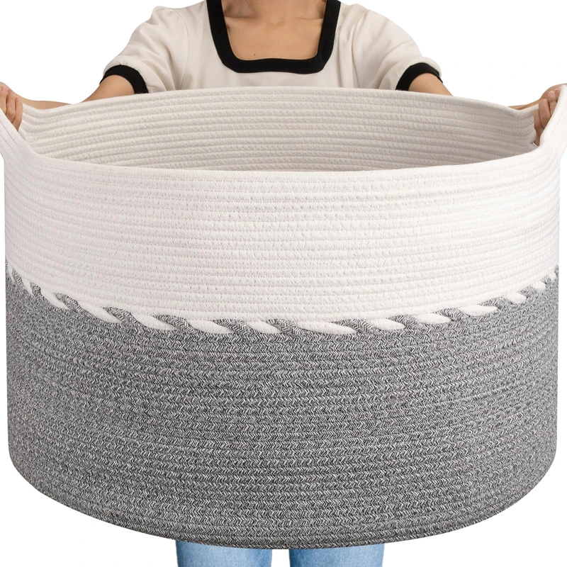 OIAHOMY Extra Large Cotton Rope Laundry Basket with Handles for Living Room, 25" x 16", Grey - Image 1
