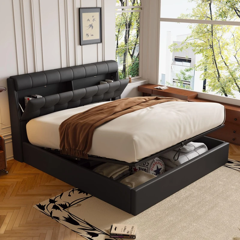 Merax Upholstered Bed Frame with Hydraulic Lift, 5FT King Size Bed Frame with Concealed Headboard Storage and Bed Box Storage, Functional Ottoman Bed, Elegant PU Finish, Black, 150x200cm