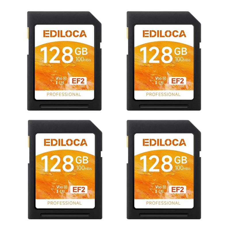 Ediloca SD Card 128GB, 4Pcs, Memory Card, Up to 100MB/s, UHS-I, C10, U3, V30, Full-HD & 4K Video, DSLR Camera SD Card, Must-Have for Professional Photographers(EF2)