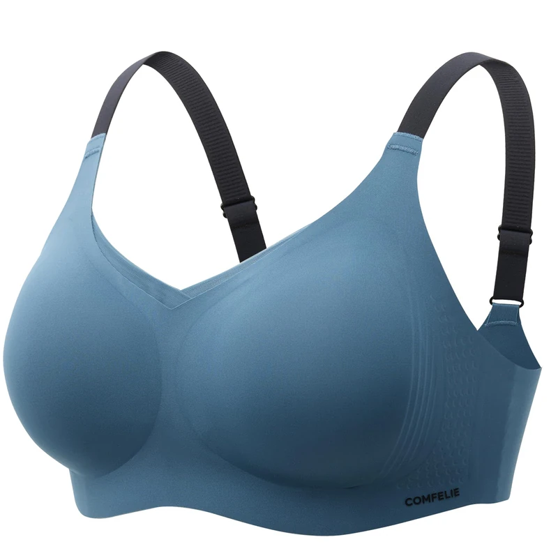 COMFELIE Women No Underwire Bra Comfort Seamless Full Coverage Mesh Bralette Bra with Adjustable Contrast Color Strap S-4XL, Nordic Blue, XXL