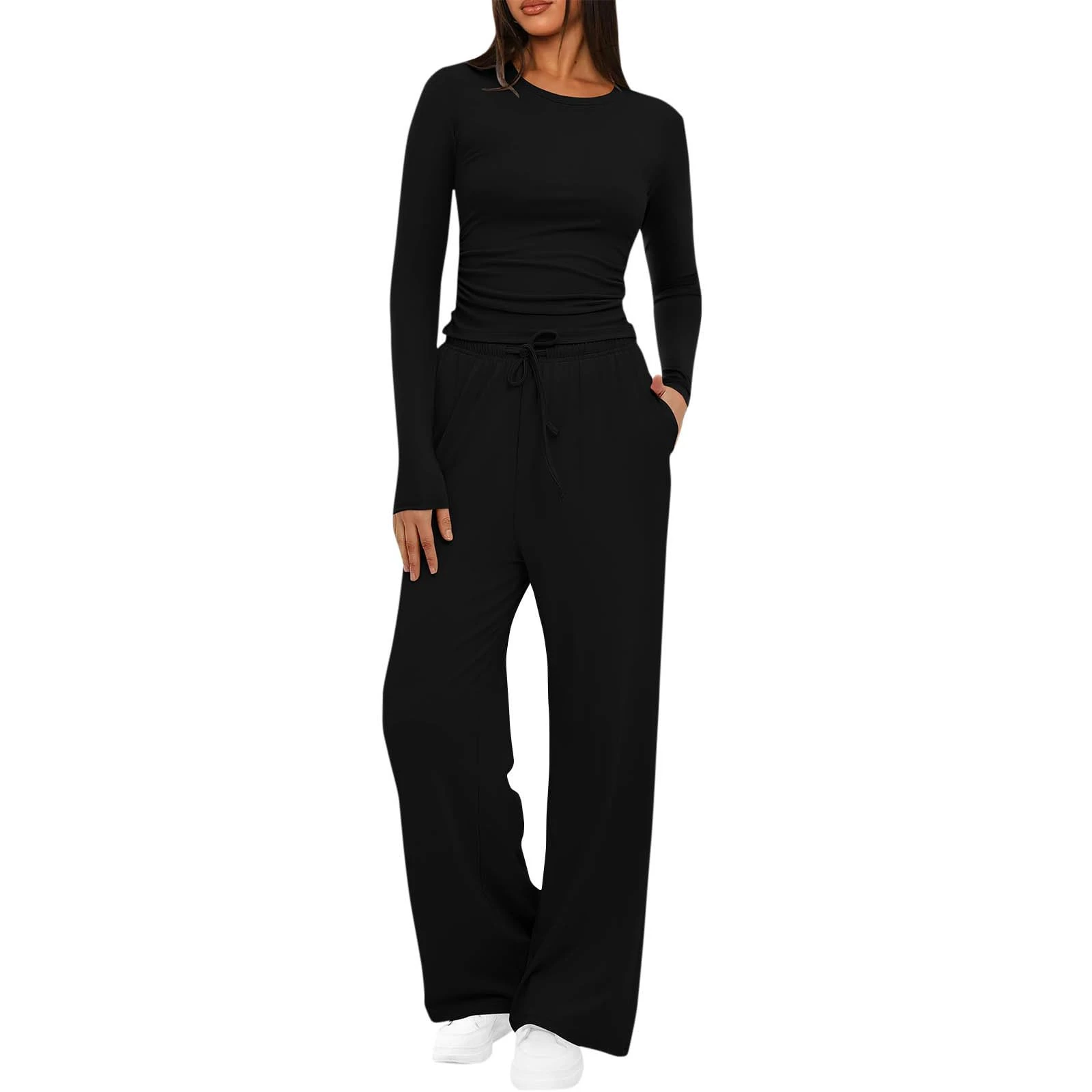 Skims Women's Long Sleeve Lounge Set - Two Piece Outfits with Crop Tops & Wide Leg Pants - Black