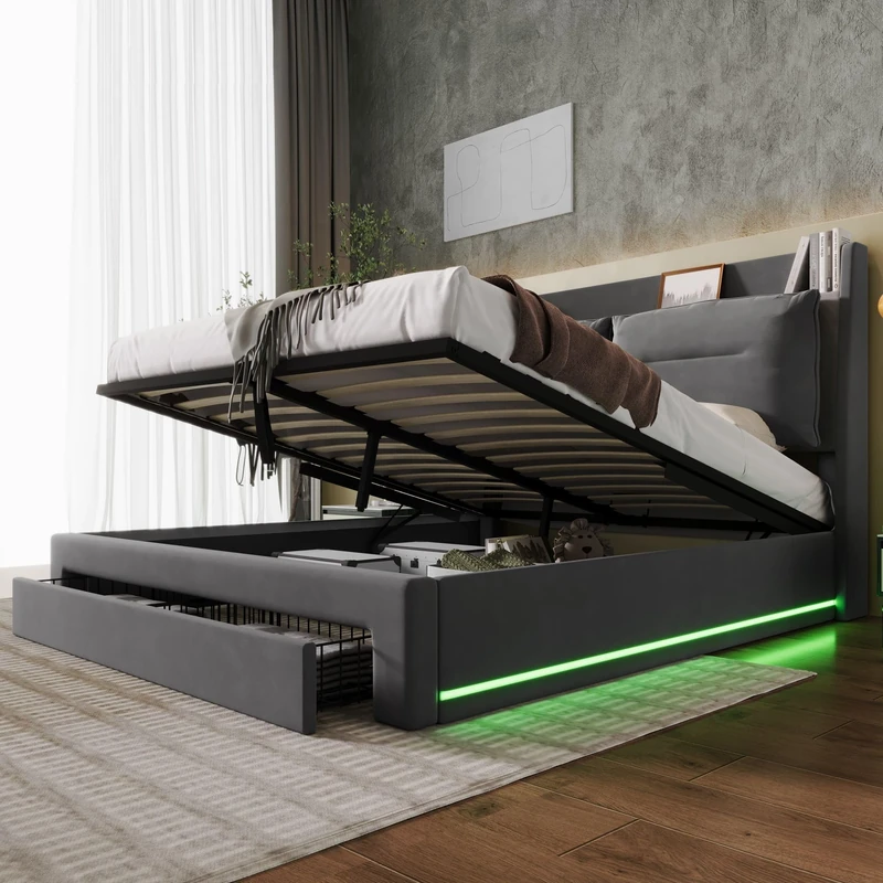 Merax Upholstered Bed Frame with Hydraulic Lift, 4FT6 Double Bed Frame with 2-in-1 Storage Drawers and Recessed LED Light Strips, Functional Ottoman Bed, Elegant Velvet Finish, Dark Grey, 135x190cm