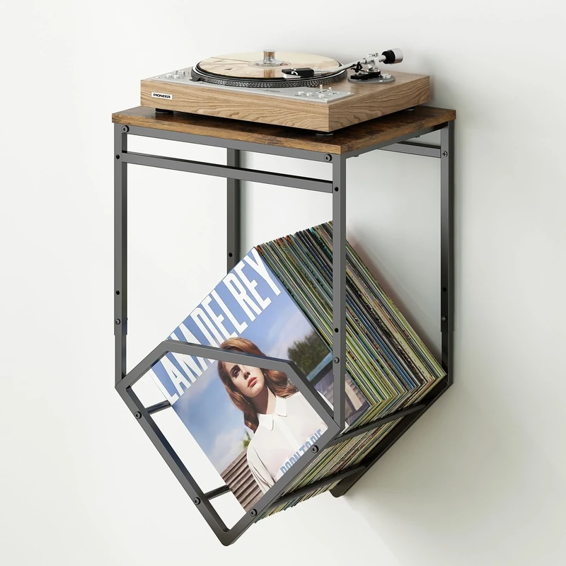 GILLAS Wall Mounted Turntable Stand with Storage, Vinyl Record Holder, Metal