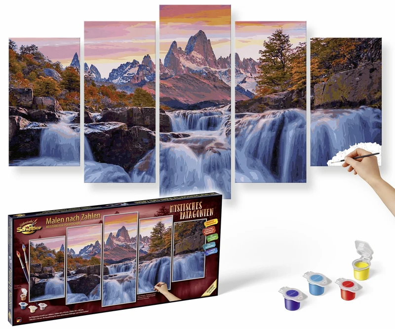Schipper 609450913 Painting by Numbers - Mystical Patagonia - Painting Picture for Adults, Includes Brush and Acrylic Paints, 5 Pictures, Master Class Polyptych - Professional Edition, 132 x 72 cm