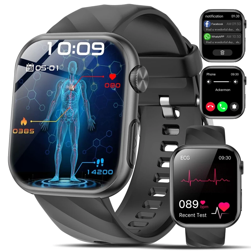 2025 Smartwatch ECG + HRV/Uric Acid/BMI/ Bluetooth Calls,1.97" AMOLED Screen ECG Watch with Blood Pressure/SpO2/Heart Rate/Sleep Monitor/Messages Reminder Sport Fitness Smartwatch for iOS Android