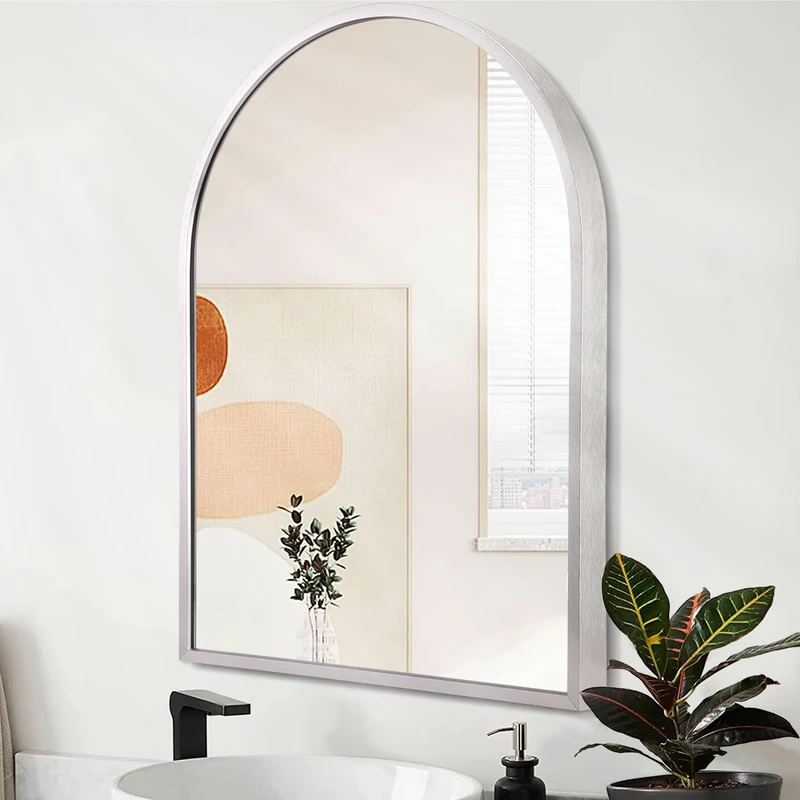 Arched Bathroom Mirror, Silver Metal Frame Wall Mounted Mirror Vanity Wall Mirror for Bedroom Entryway Living Room Vanity 26"x18"