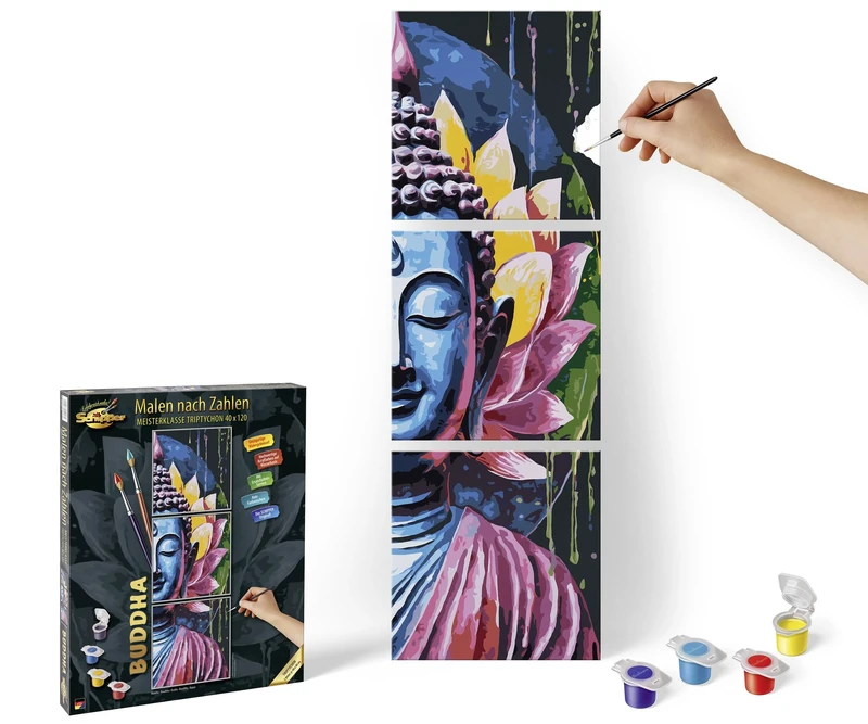 Schipper Buddha Painting by Numbers Kit for Adults, Acrylic Paints, 3 Pre-Printed Canvases, 40 x 120 cm