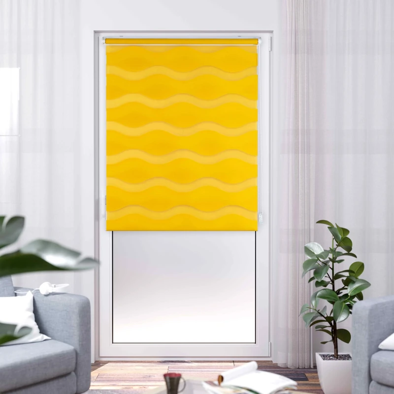 K-Home Klemmfix Double Roller Blind, Wave, No Drilling Required, Yellow, 80 cm x 200 cm (W x L)