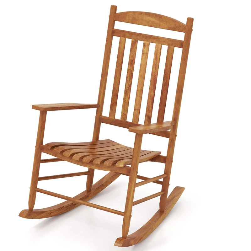 RELAX4LIFE Garden Rocking Chair, Poplar Wood High-Back Patio Rocker