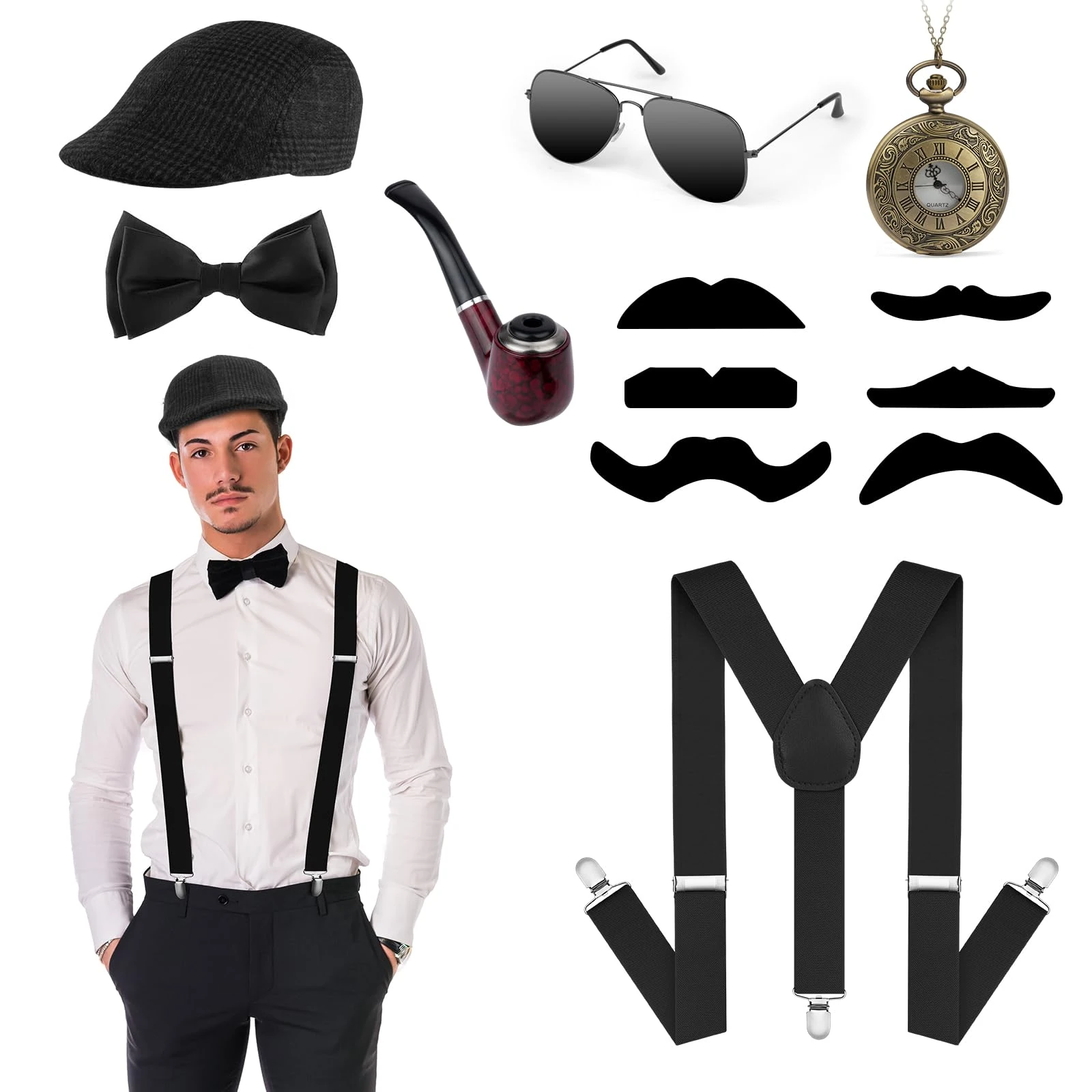 ACWOO 1920s Mens Costume Accessories, 1920s Fancy Dress for Men, 20s Halloween Cosplay Accessories, Mafia Gatsby Gangster Costume Set with Hat Suspenders Pocket Watch Gangster Roaring Accessories