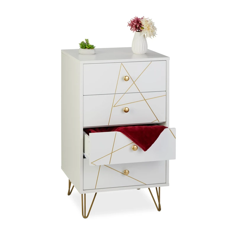 Relaxdays Dresser, HWD: 86 x 48 x 39 cm, 4 Drawers, MDF & Iron, Storage Unit, Living Room, Bedroom, Hallway, White/Gold, Fibreboard