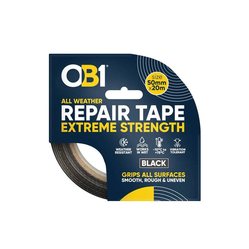 OB1 Black All Weather Repair Tape Extreme Strength - Ultra Strong Waterproof Duct Tape - Maximum Bond Strength - Heat, Water & UV Resistant - Indoor & Outdoor Use - 50mm x 20m Roll