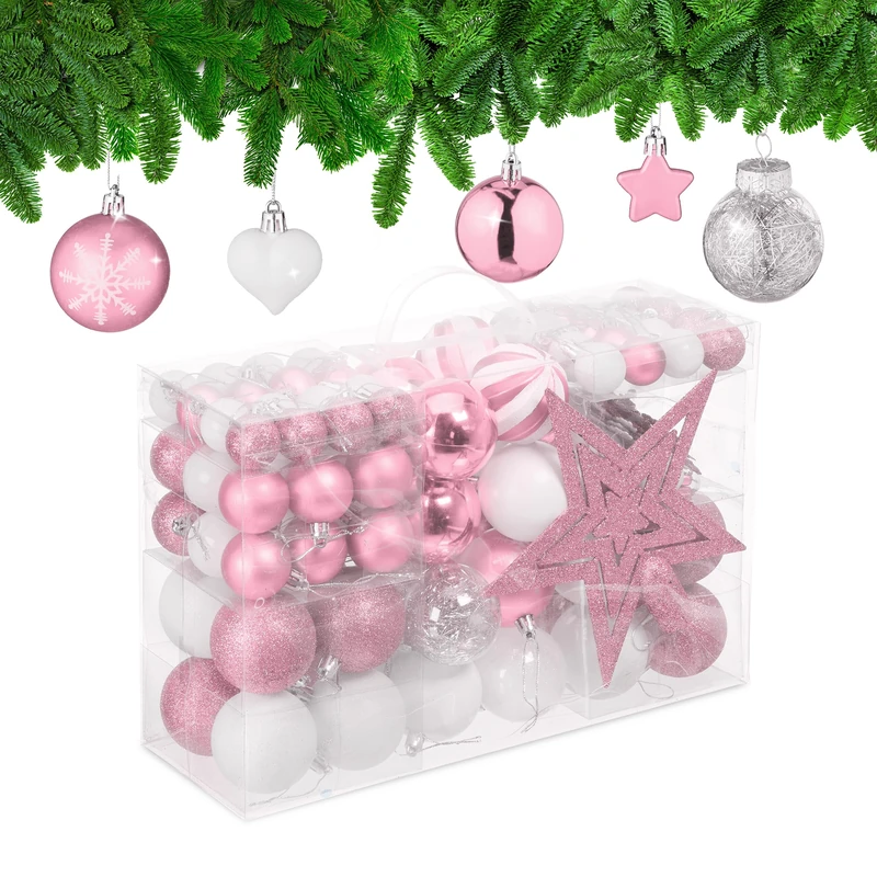 Relaxdays Christmas Baubles Set of 101, Glittering, Tree Decorations, Spheres & Spikes, Plastic, Traditional, Pink, 19 x 20 x 2.5 cm