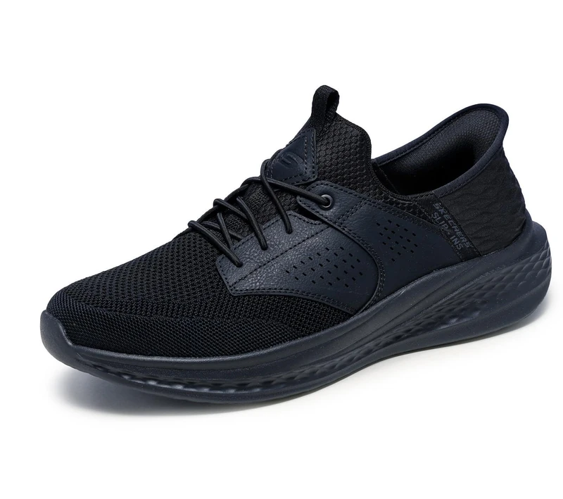 Skechers Men's Slade Caster Slip-On Sneakers, Black Knitted Mesh/Synthetic, 10.5 UK