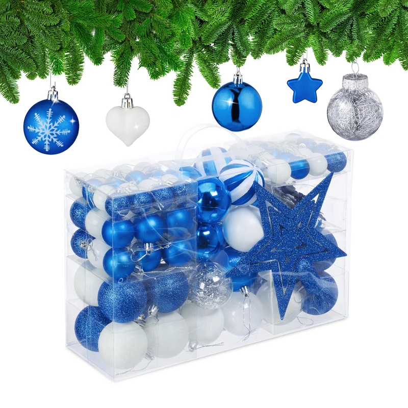 Relaxdays Christmas Baubles Set of 101, Glittering, Tree Decorations, Spheres & Spikes, Plastic, Traditional, Blue, 19 x 20 x 2.5 cm