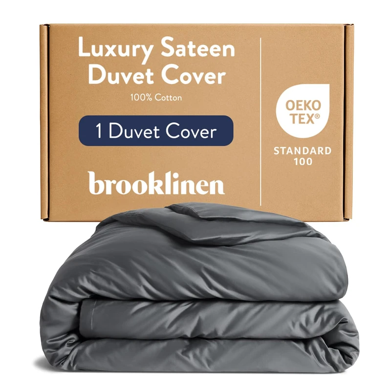 Brooklinen Luxury Sateen Duvet Cover - 100% Cotton, Full/Queen Size in Slate Grey with Extra-Long Corner Ties and Button Closure - Best Full/Queen Duvet Covers