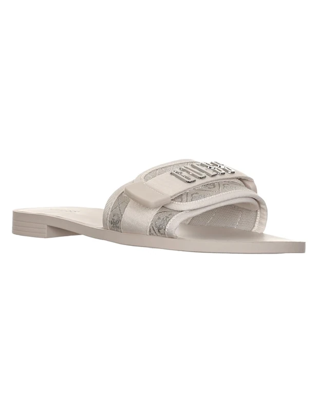 GUESS Women's Elyze Flat Sandal, Light Natural/Silver 110, 5 UK