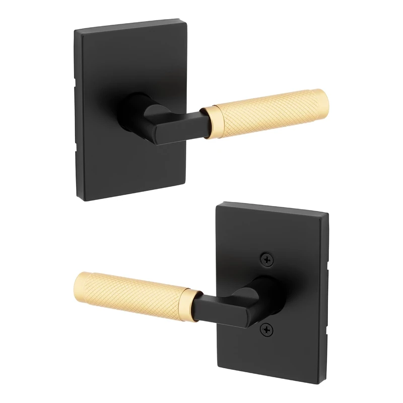 Kwikset Prava Interior Passage Door Handle, Lever for Closet and Hallway Doors, Reversible Non-Locking Handle Lever, Matte Black and Satin Brass, with Microban Protection
