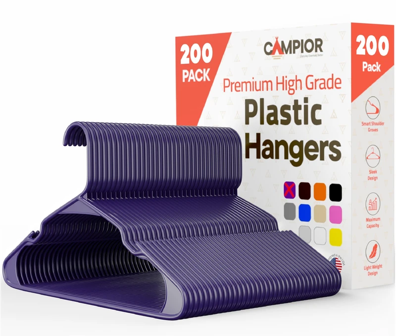 Campior Purple Plastic Hangers 200 Pack Heavy-Duty, Space-Saving, Non-Slip, Durable & Lightweight Clothes Hangers