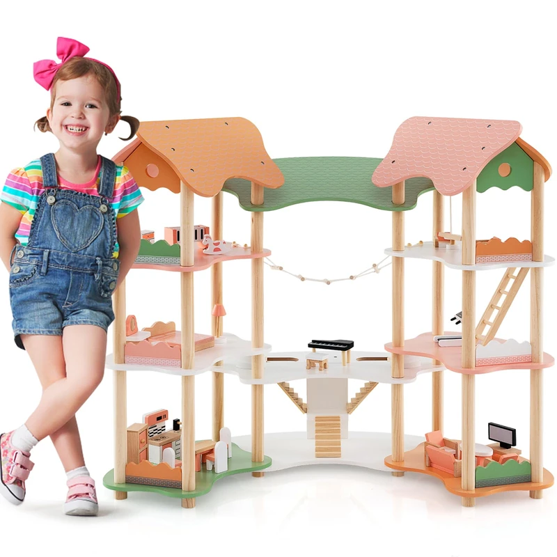 GYMAX Kids Dollhouse, 3-Storey Wooden Dolls House with 7 Simulated Rooms & 33pcs Furniture Accessories, Large DIY Doll House for 3-8 Years Old Girls Boys (Colorful)
