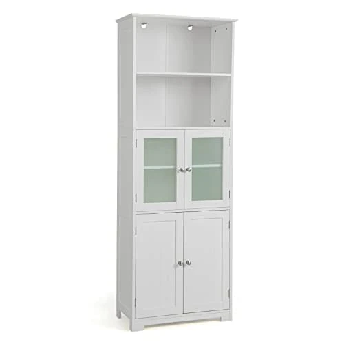 FANTASK Storage Cabinet with Glass Doors, 2 Open Compartments and Adjustable Shelves, Tall Bathroom Cabinet, Bathroom Cabinet