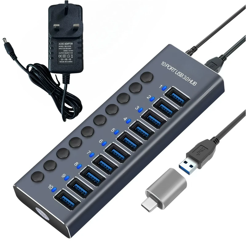 Balabaxer 10-Port Aluminium USB 3.0 Hub with 10-Port Data Transfer, 72W (24V/3A) Power Adapter, USB Splitter with Individual Switches