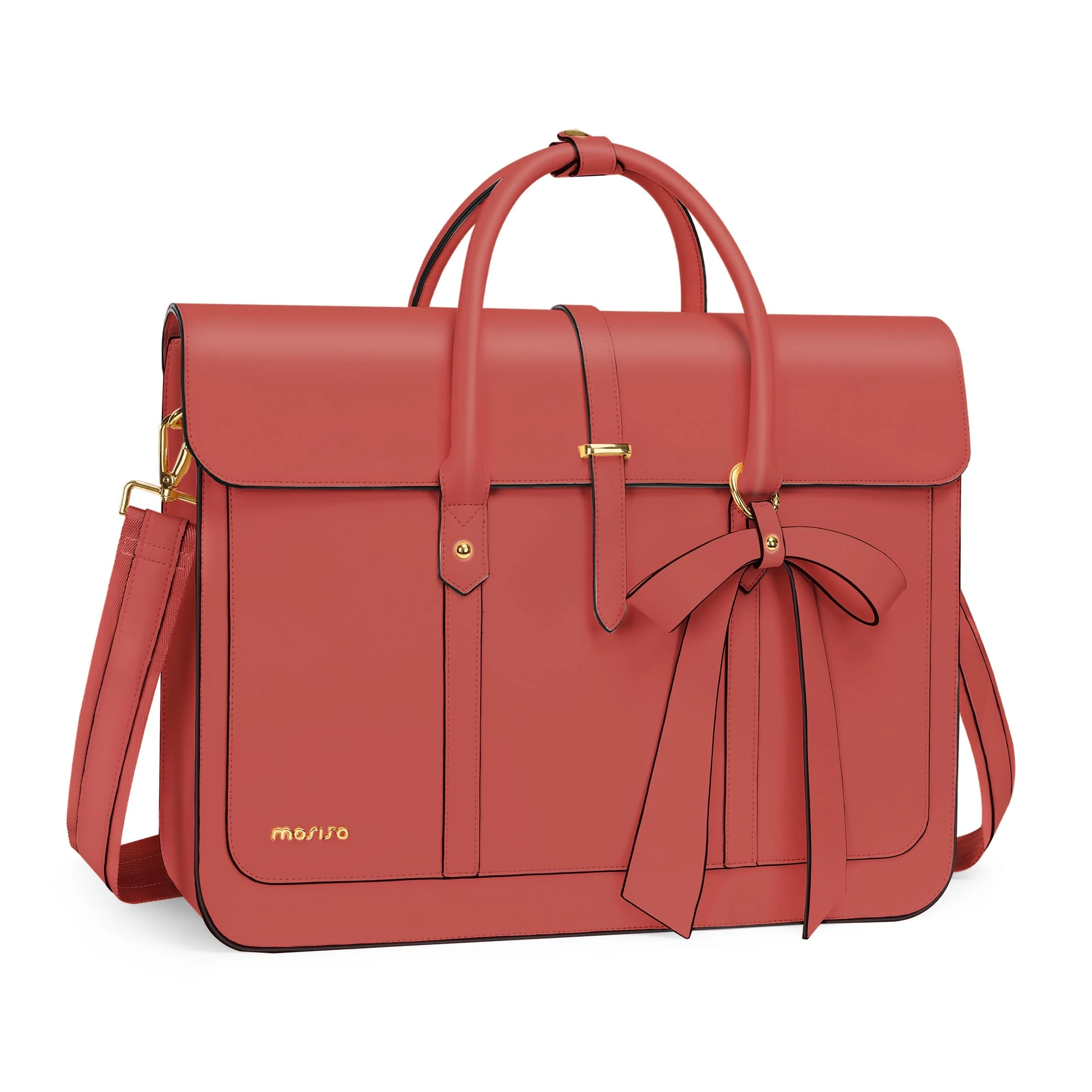 MOSISO Laptop Bag for Women, 13-14 inch PU Leather Laptop Shoulder Bag Convertible Backpack, 13.3 inch Messenger Bag Casual Handbag Work Briefcase Travel Computer Bag with Bowknot, Coral