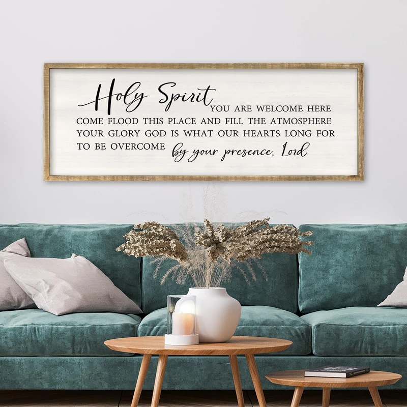 RLWangChao Holy Spirit You are Welcome Here Wall Decor Art 40x15 Inch Large Christian Song Bible Verse Plaque Wood Framed Sign Living Room Scripture Quote Religious For Office Wall Hanging (Wood)