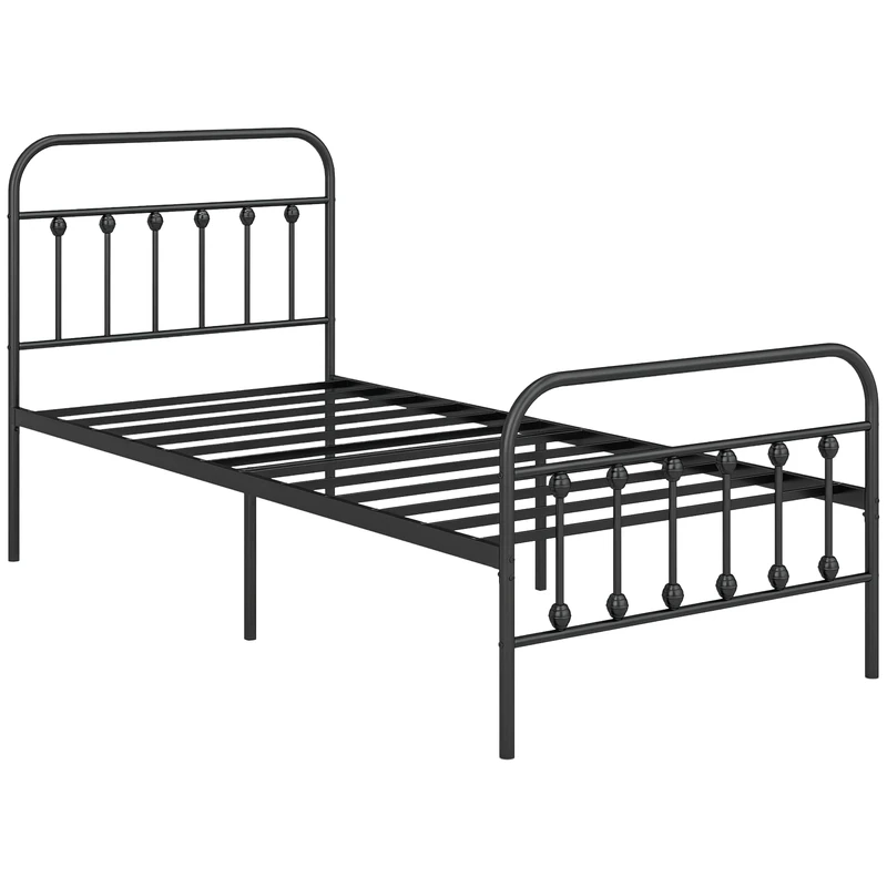 HOMCOM 3ft Single Bed Frame, Metal Platform Bed frame with Tall Headboard, Footboard and Steel Slat Support, No Box Spring Needed, Easy Assembly, Black