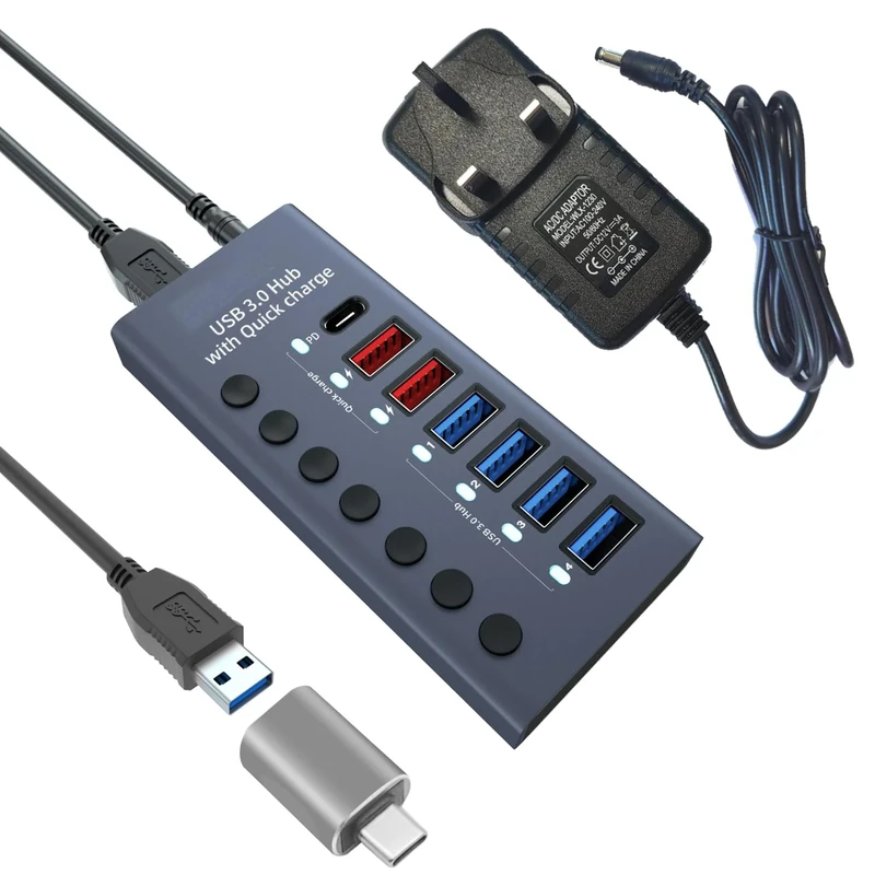 Balabaxer 7 Port Aluminium USB 3.0 Hub with charging function, 36W (12V/3A) power adapter, individual power switches