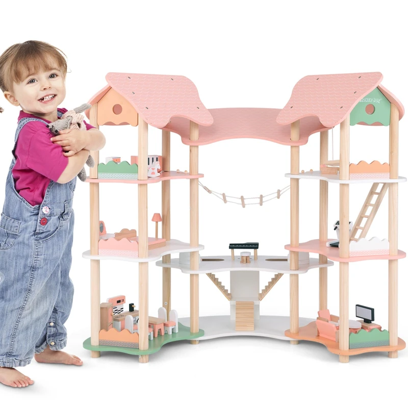 GYMAX Kids Dollhouse, 3-Storey Wooden Dolls House with 7 Simulated Rooms & 33pcs Furniture Accessories, Large DIY Doll House for 3-8 Years Old Girls Boys (Pink)