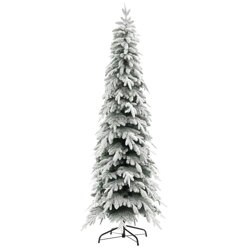 HOMCOM 7ft Pencil Artificial Christmas Tree, Snow Flocked Xmas Tree with Downswept Branches and 800 Tips, Auto Open, Steel Base, Holiday Decoration for Home Office, Green