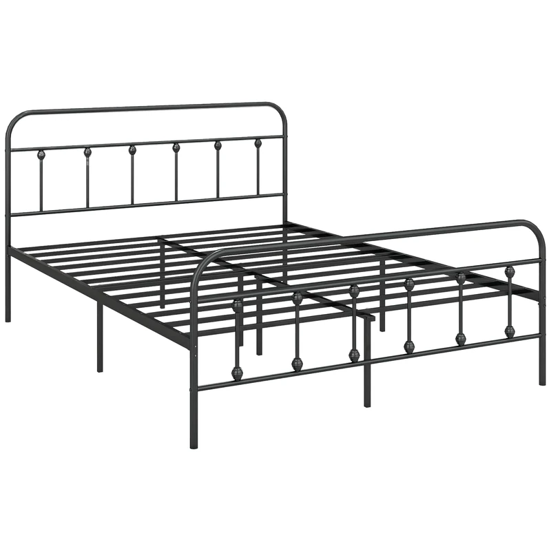 HOMCOM 4ft6 Double Bed Frame with Underbed Storage, Metal Platform Bed frame with Tall Headboard, Footboard and Steel Slat Support, No Box Spring Needed, Easy Assembly, Black