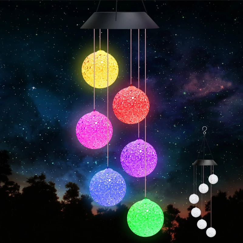 Januts LED Solar Wind Chimes Light Outdoor Color Changing Wind Chime Waterproof Mobile Garden Lamp Home Yard Patio Romantic Decorative Lights for Women Hanging Wind Chimes for Mum (Ball)