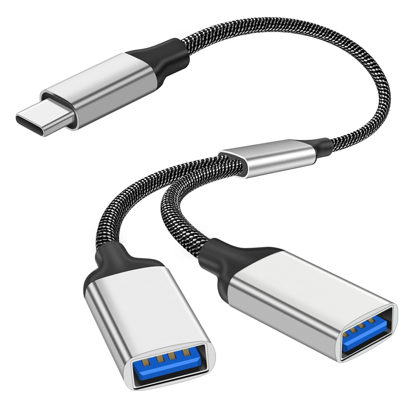 AXFEE USB C Male to Dual USB-Female Cable Adapter, Usb C to Double usb Adapter, Type C Splitter Y Cord OTG Cable, USB-C Converter for Galaxy S8 S9, Google Pixel and more Type C Devices(Silver)