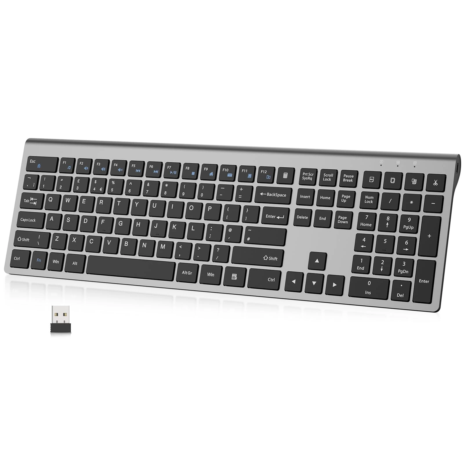 PINKCAT 2.4G Wireless Keyboard, Rechargeable Ultra Slim Ergonomic, Full Size, QWERTY UK Layout Silent Keyboard, 12 Multimedia Shortcut Keys for PC/Desktop/Laptop/Mac in Windows/macOS (Gray)